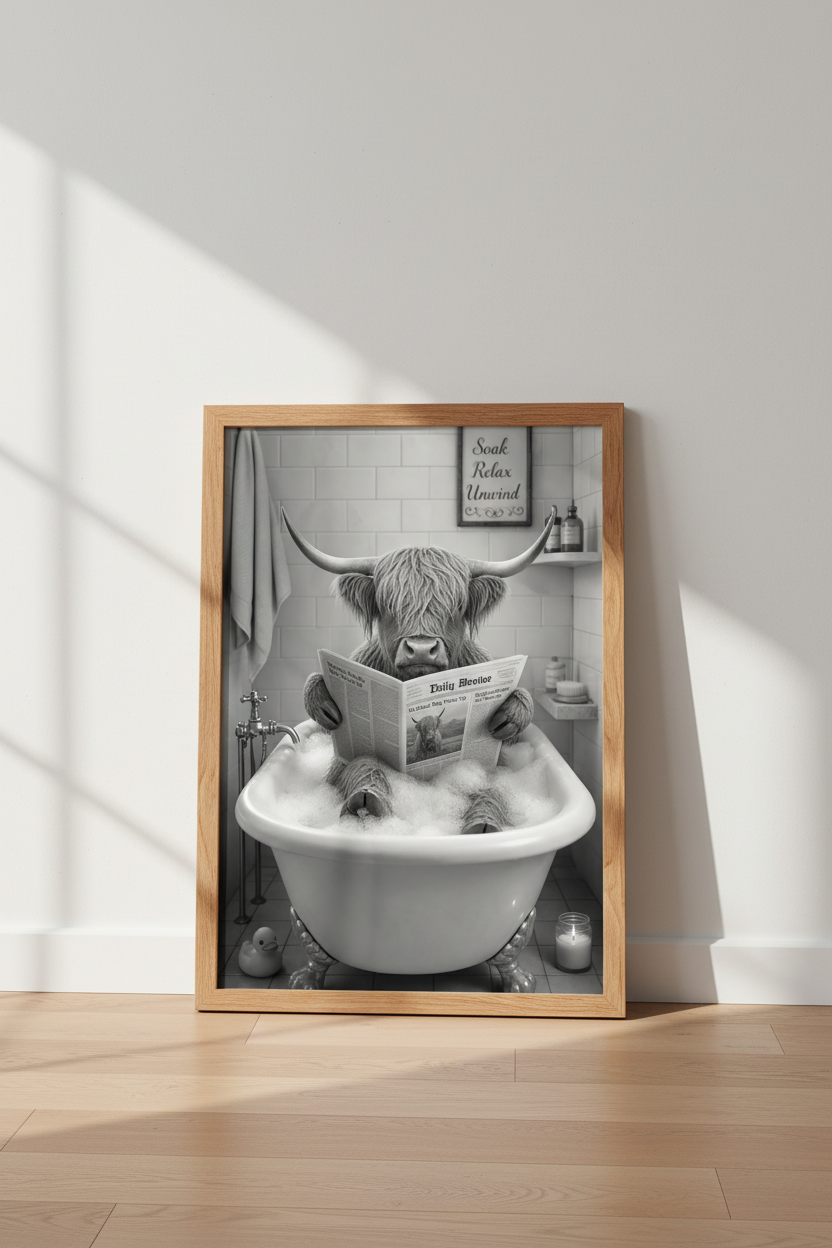Highland Cow in Bathtub | Black &amp; White Funny Animal Poster, Bathroom Wall Art