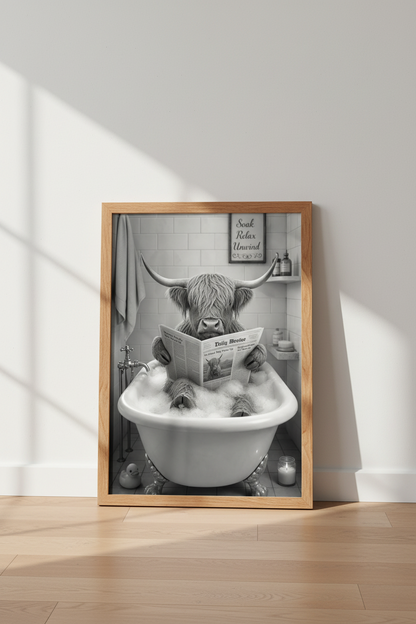 Highland Cow in Bathtub | Black &amp; White Funny Animal Poster, Bathroom Wall Art
