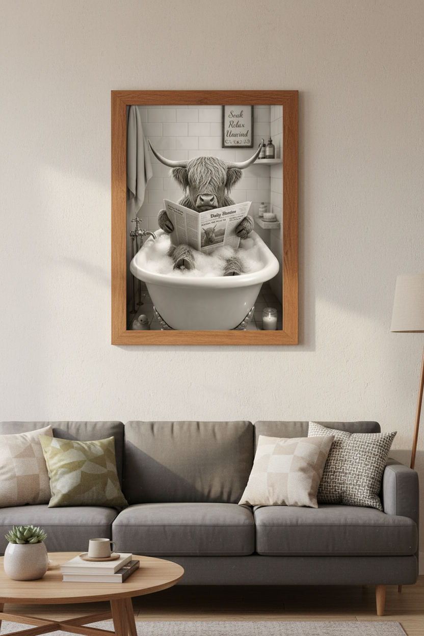 Highland Cow in Bathtub | Black &amp; White Funny Animal Poster, Bathroom Wall Art