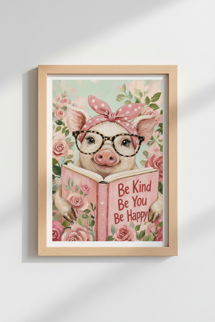 Funny Pig Canvas Print | Pink Floral Farmhouse Decor, Library Nursery Art