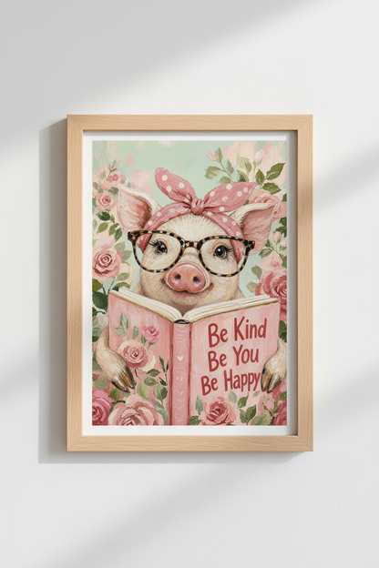 Funny Pig Canvas Print | Pink Floral Farmhouse Decor, Library Nursery Art
