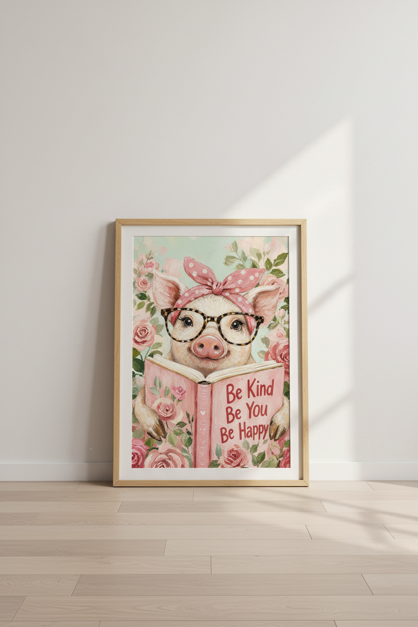 Funny Pig Canvas Print | Pink Floral Farmhouse Decor, Library Nursery Art