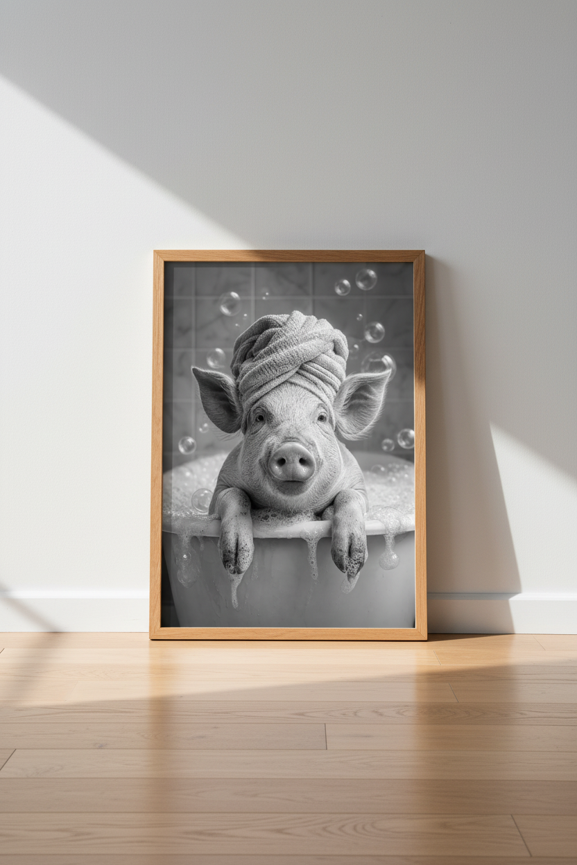 Pig in Bathtub Wall Art | Black and White Spa Pig Poster, Bathroom Decor