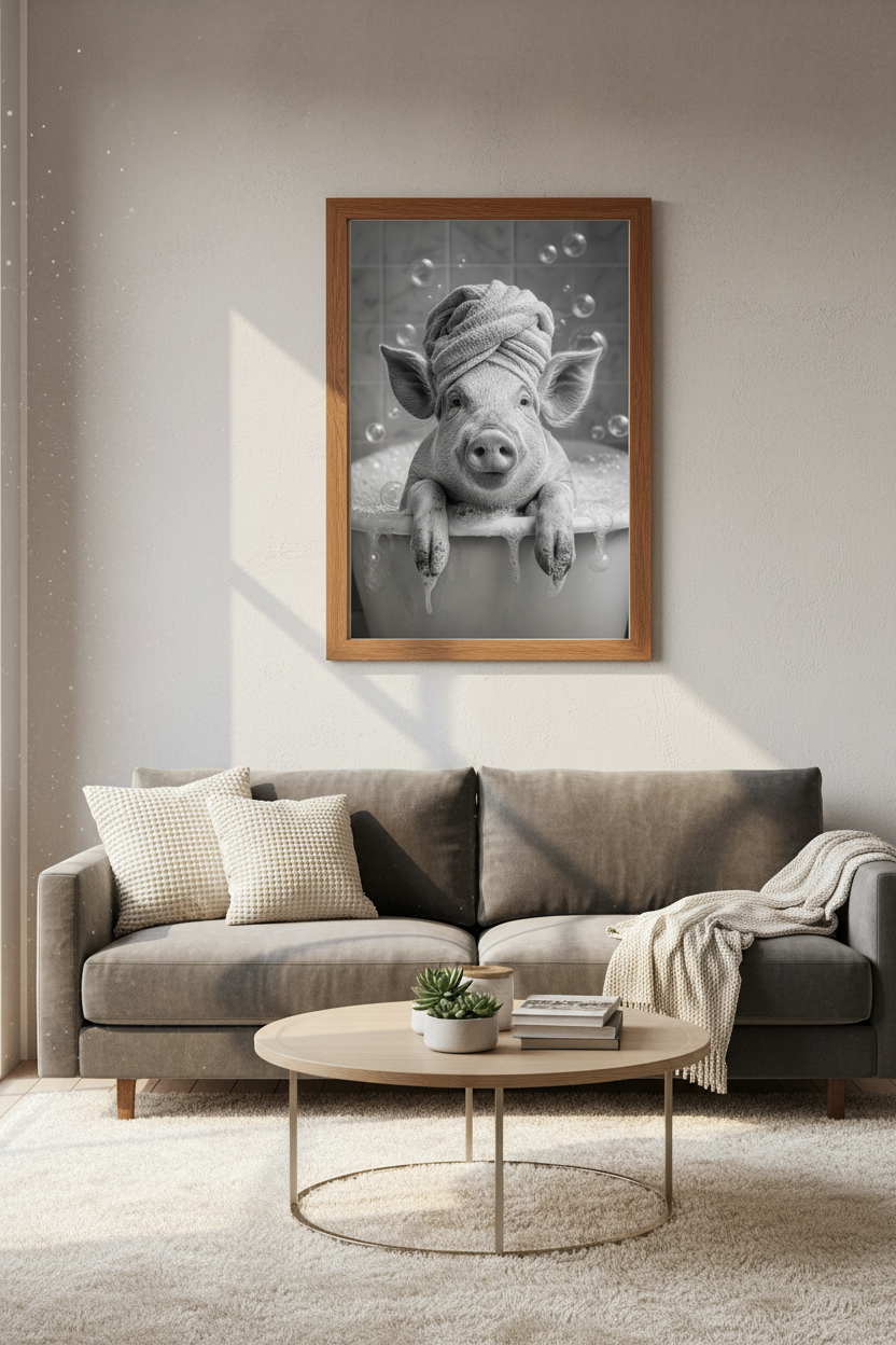 Pig in Bathtub Wall Art | Black and White Spa Pig Poster, Bathroom Decor