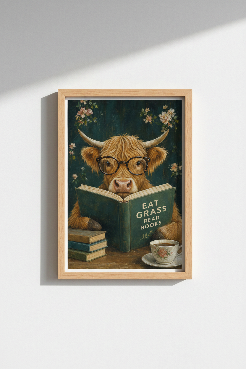 Highland Cow Art Print | Dark Academia Library Decor | Whimsical Animal Poster