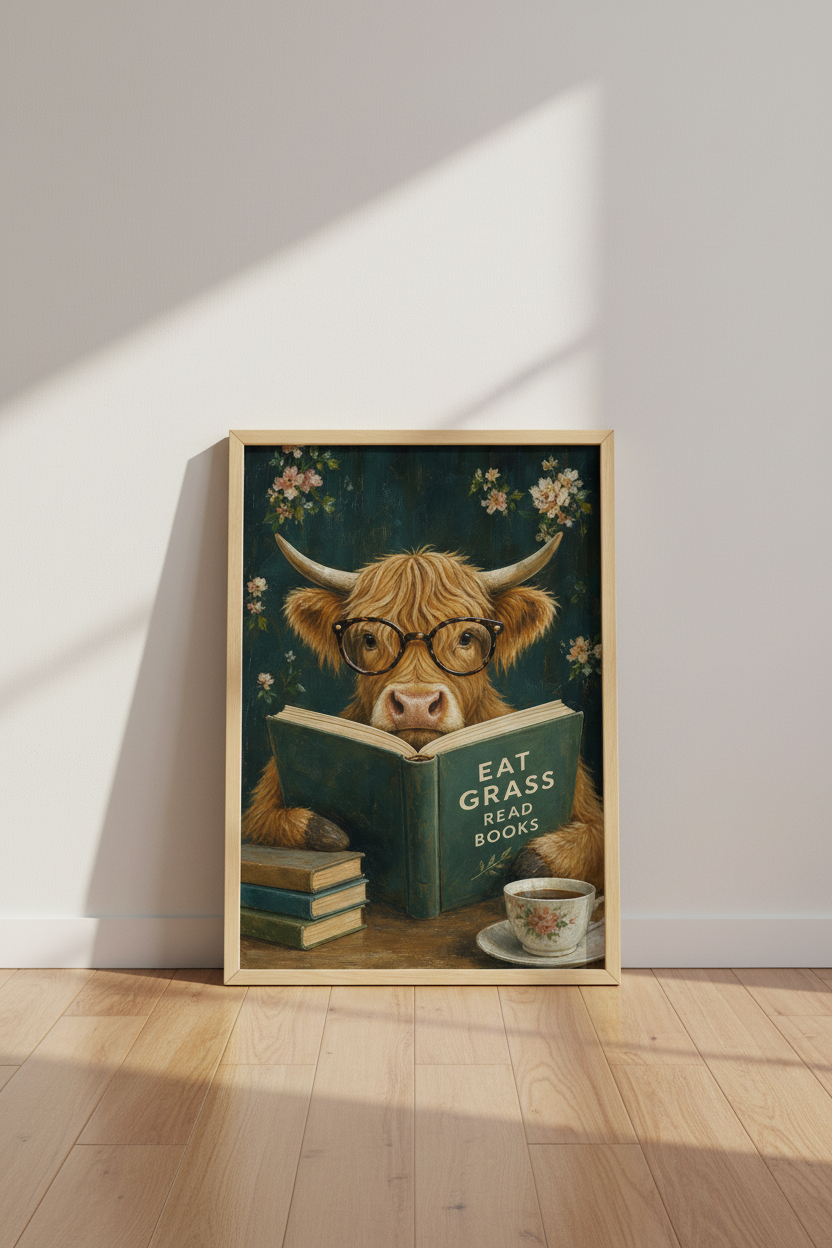 Highland Cow Art Print | Dark Academia Library Decor | Whimsical Animal Poster