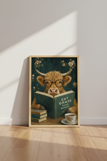 Highland Cow Art Print | Dark Academia Library Decor | Whimsical Animal Poster