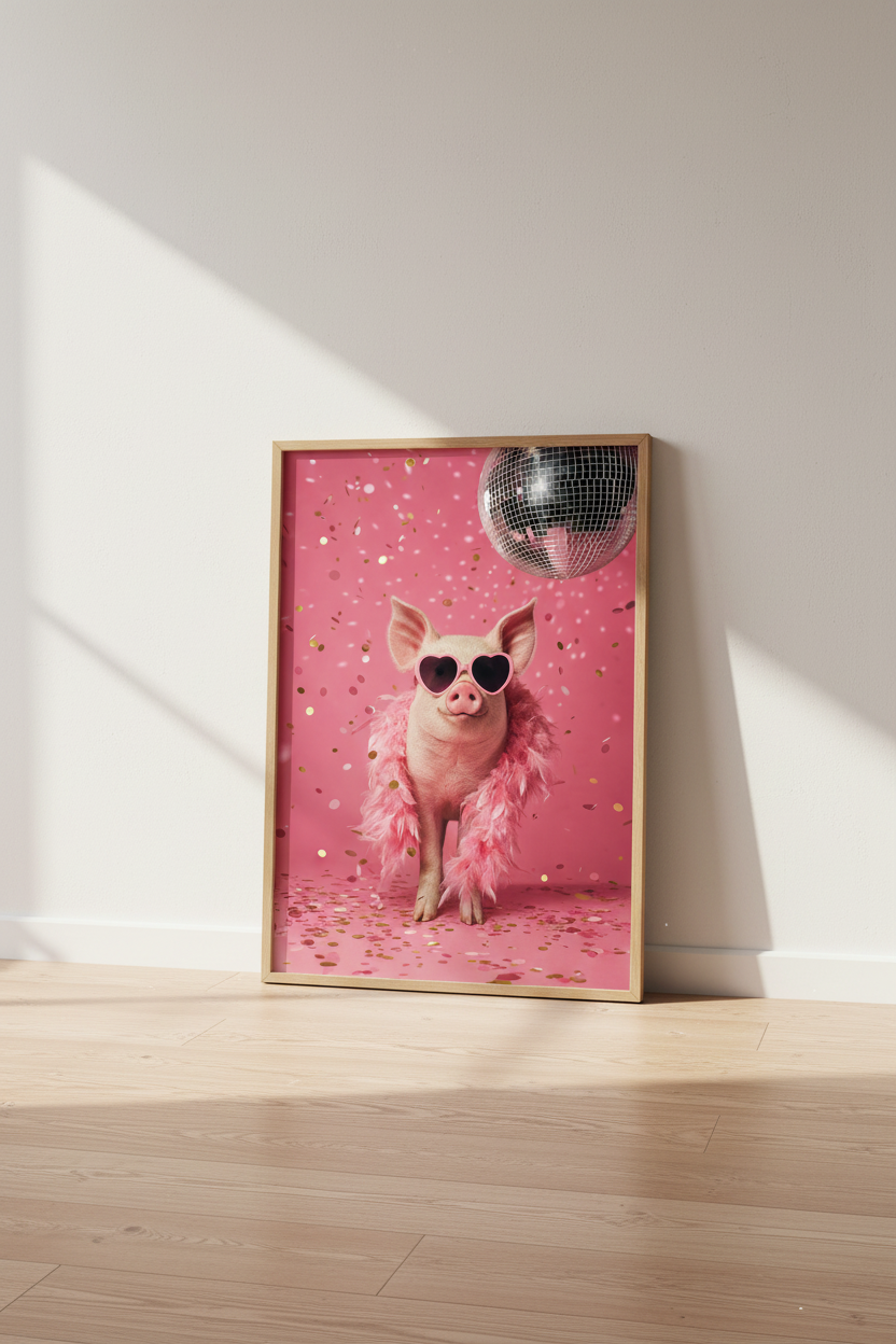 Disco Pig Wall Art | Pink Heart Sunglasses, Fun Girly Aesthetic Poster