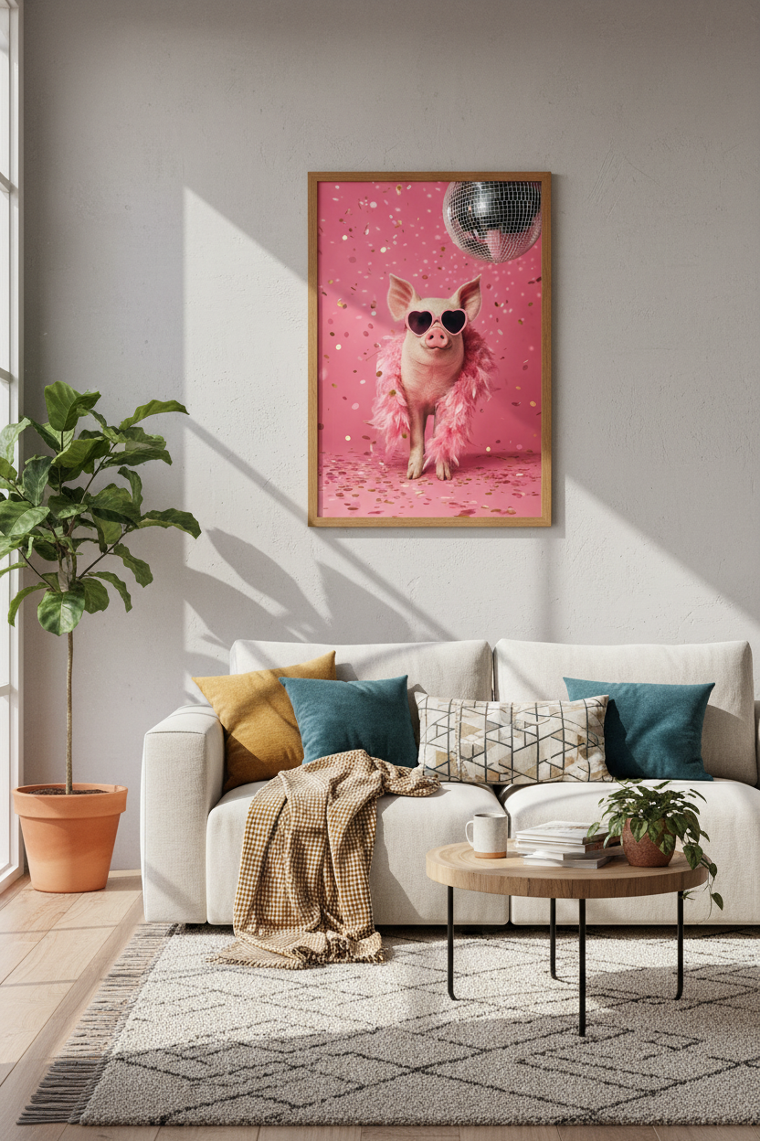 Disco Pig Wall Art | Pink Heart Sunglasses, Fun Girly Aesthetic Poster