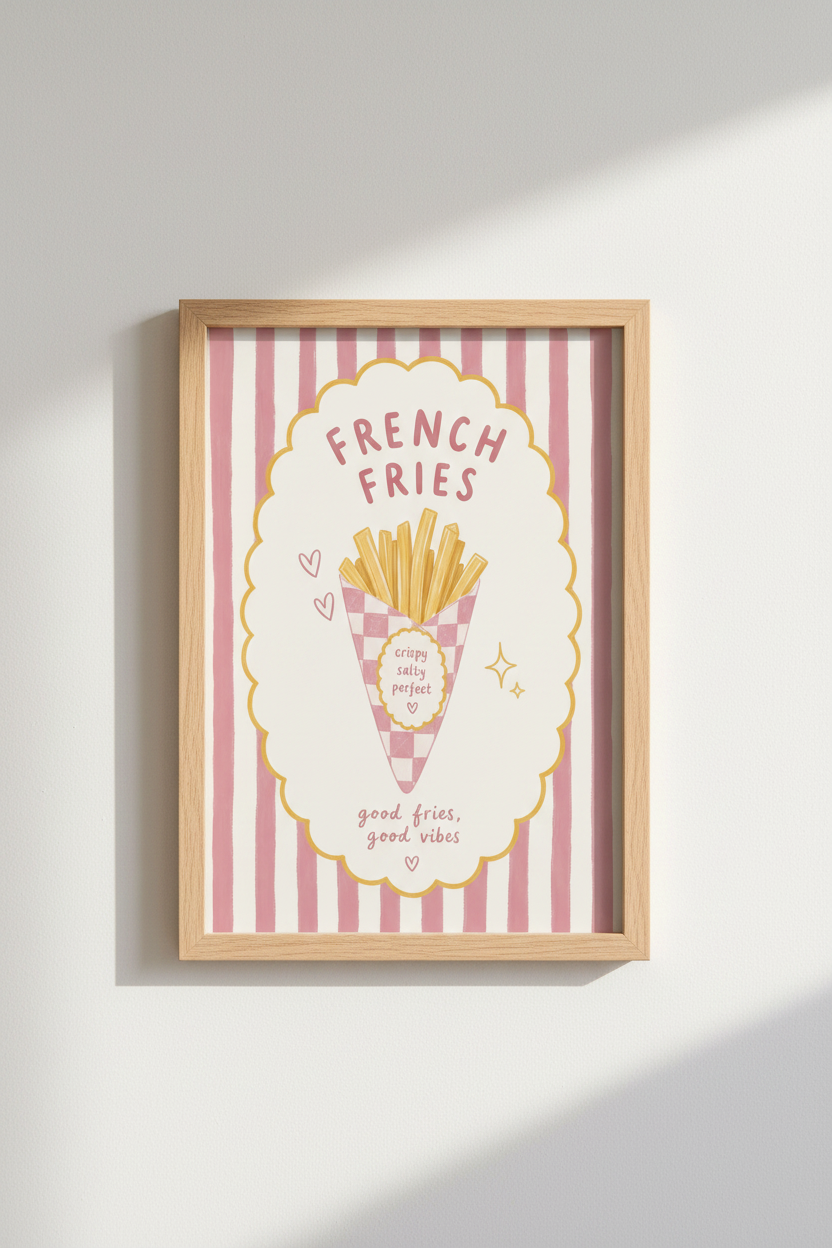 Retro French Fries Wall Art | Pink Stripes Foodie Decor | Preppy Pastel Poster
