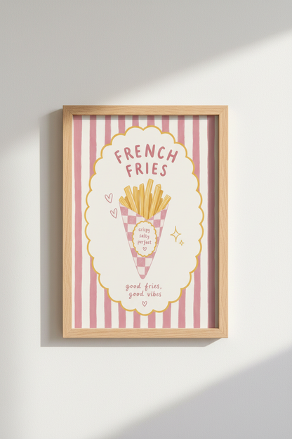 Retro French Fries Wall Art | Pink Stripes Foodie Decor | Preppy Pastel Poster