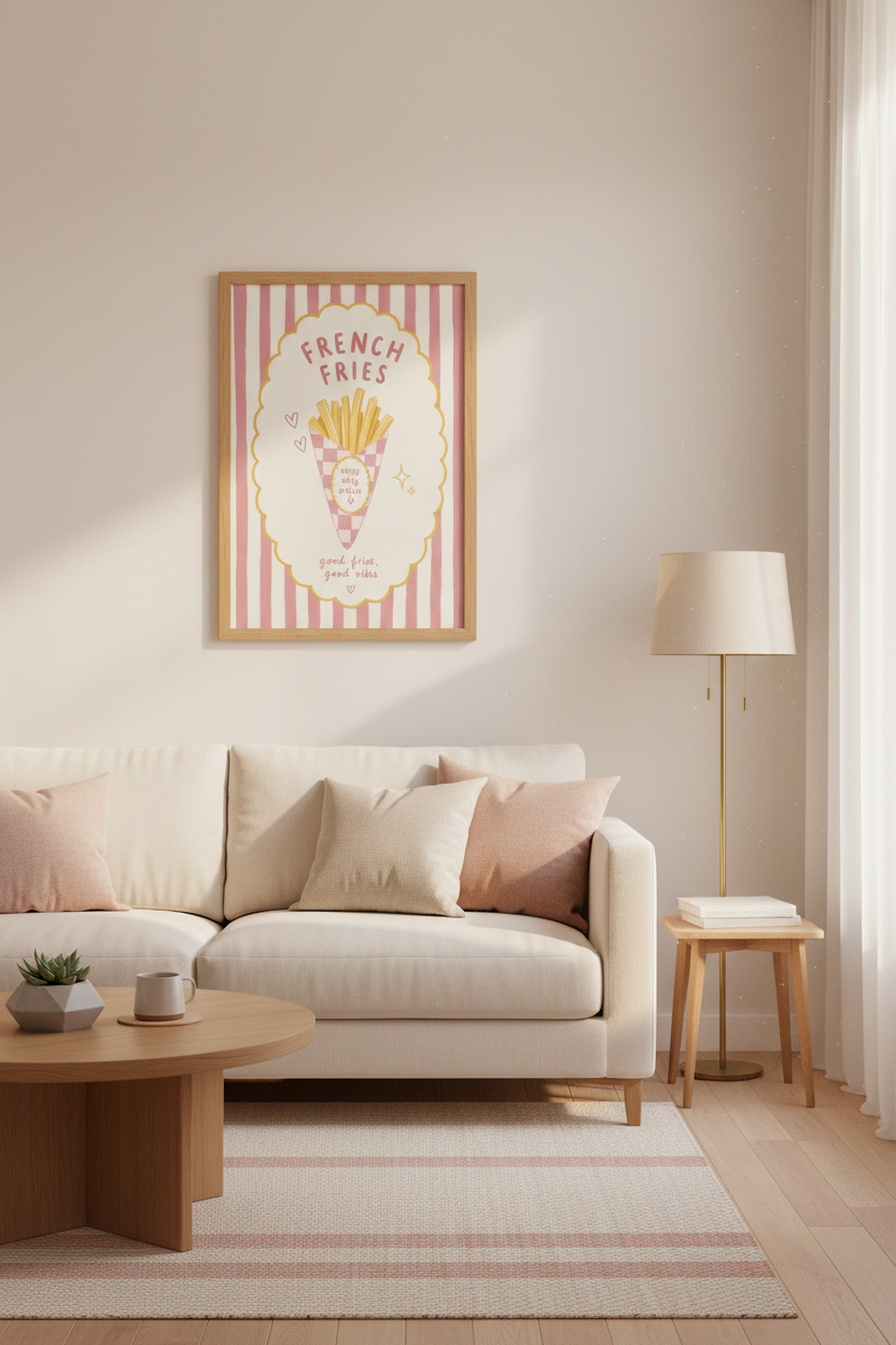 Retro French Fries Wall Art | Pink Stripes Foodie Decor | Preppy Pastel Poster