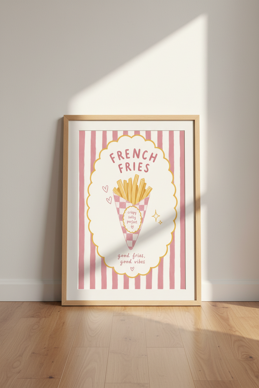 Retro French Fries Wall Art | Pink Stripes Foodie Decor | Preppy Pastel Poster
