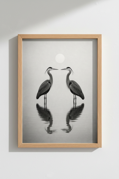 Heron Bird Art Print | Minimalist Black and White Nature Poster, Coastal Zen Decor