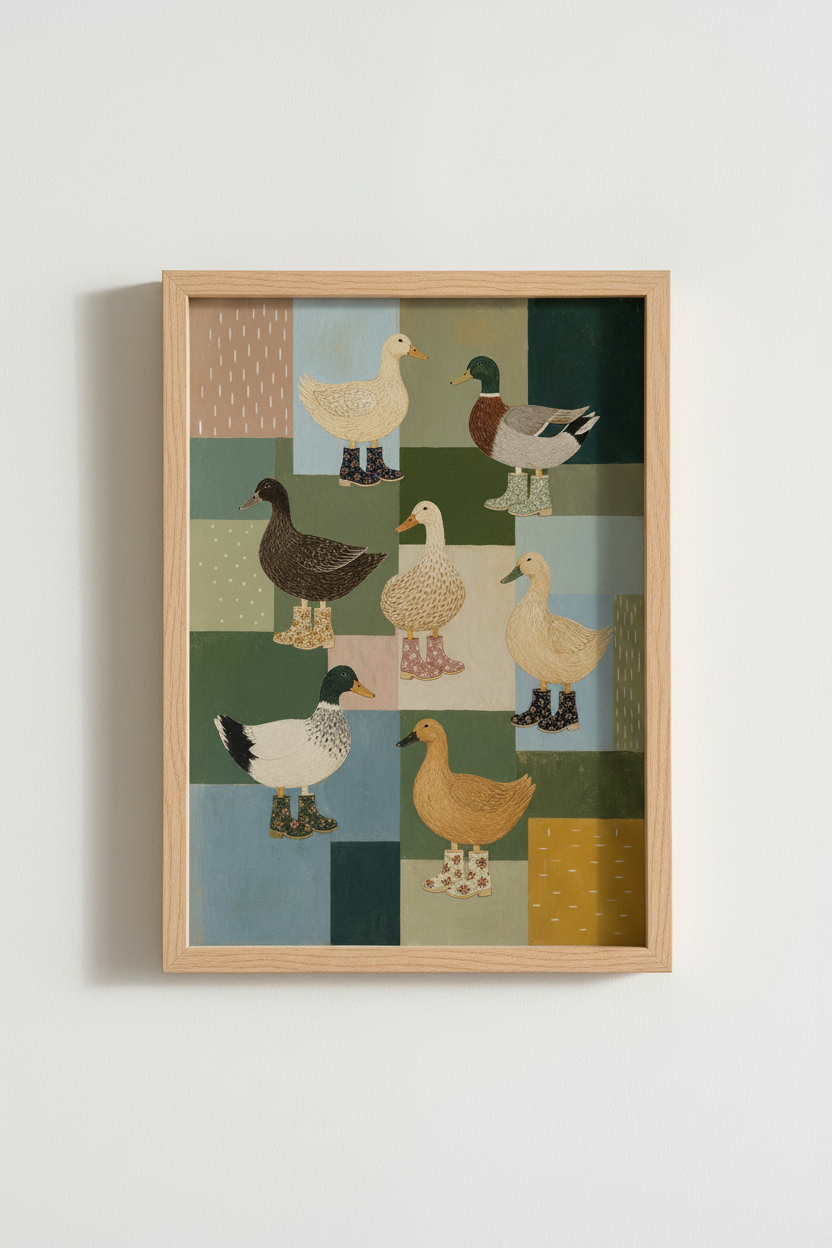 Whimsical Duck Wall Art Print | Cottagecore Green Patchwork | Folk Style Nursery Poster