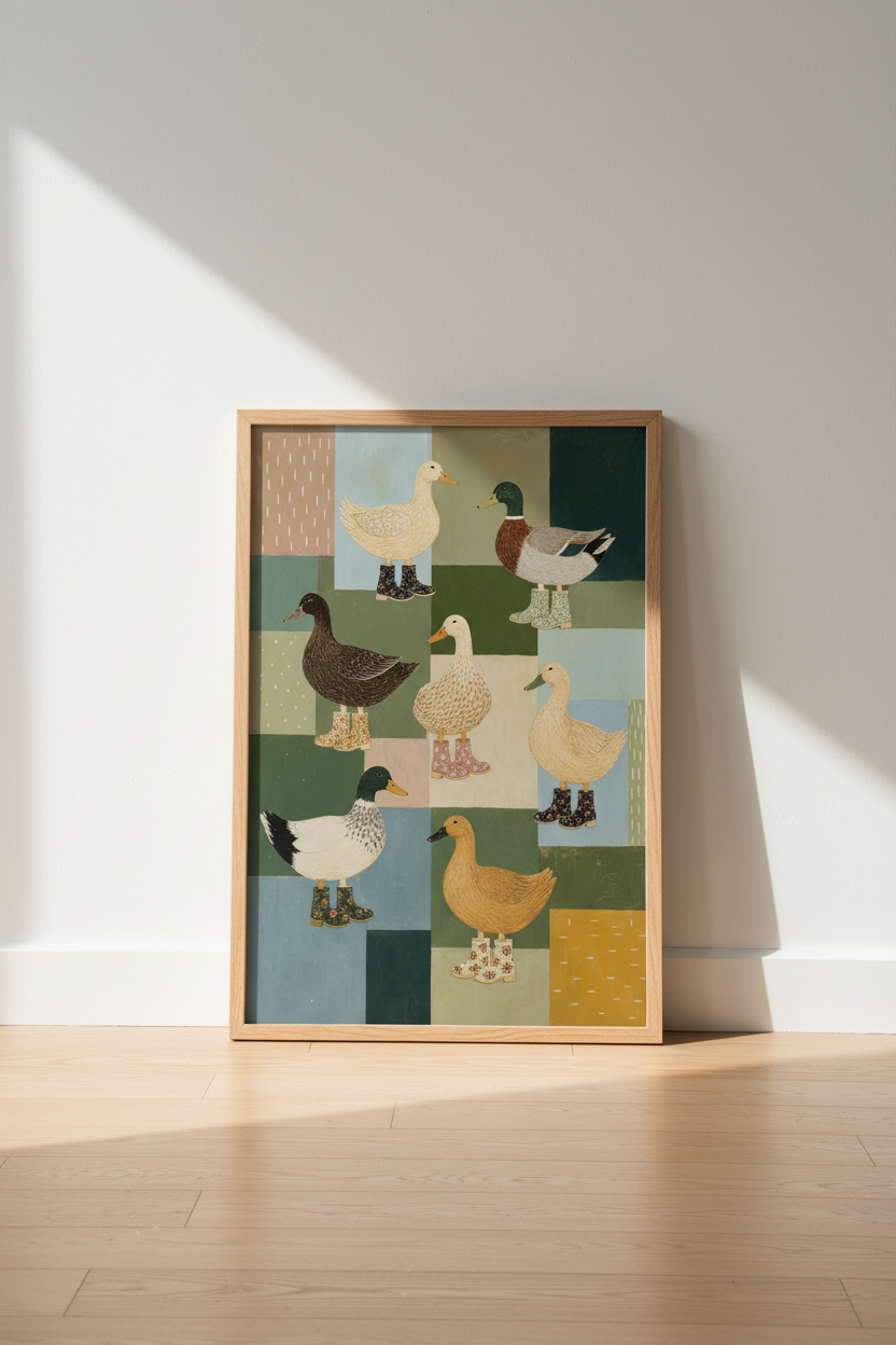 Whimsical Duck Wall Art Print | Cottagecore Green Patchwork | Folk Style Nursery Poster