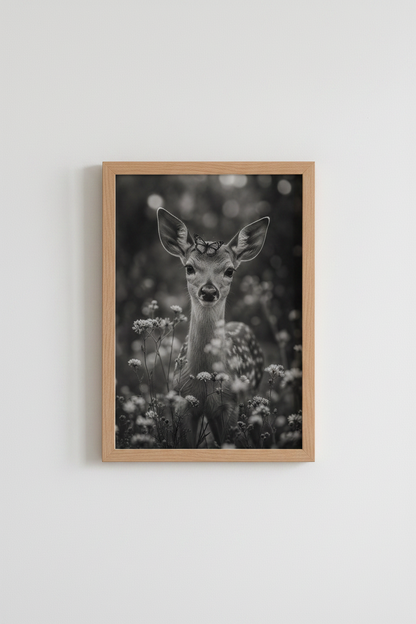 Deer Butterfly Wall Art Print | Black and White Woodland Nursery Decor | Whimsical Poster