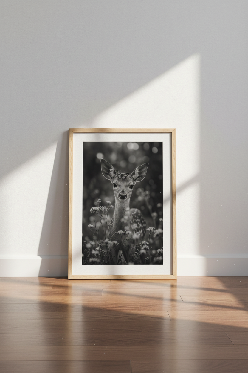Deer Butterfly Wall Art Print | Black and White Woodland Nursery Decor | Whimsical Poster