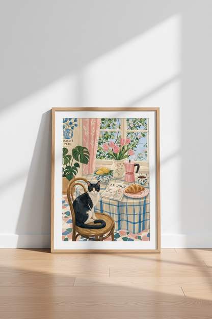 Tuxedo Cat in Paris Wall Art | French Country Kitchen Decor | Pastel Aesthetic Poster