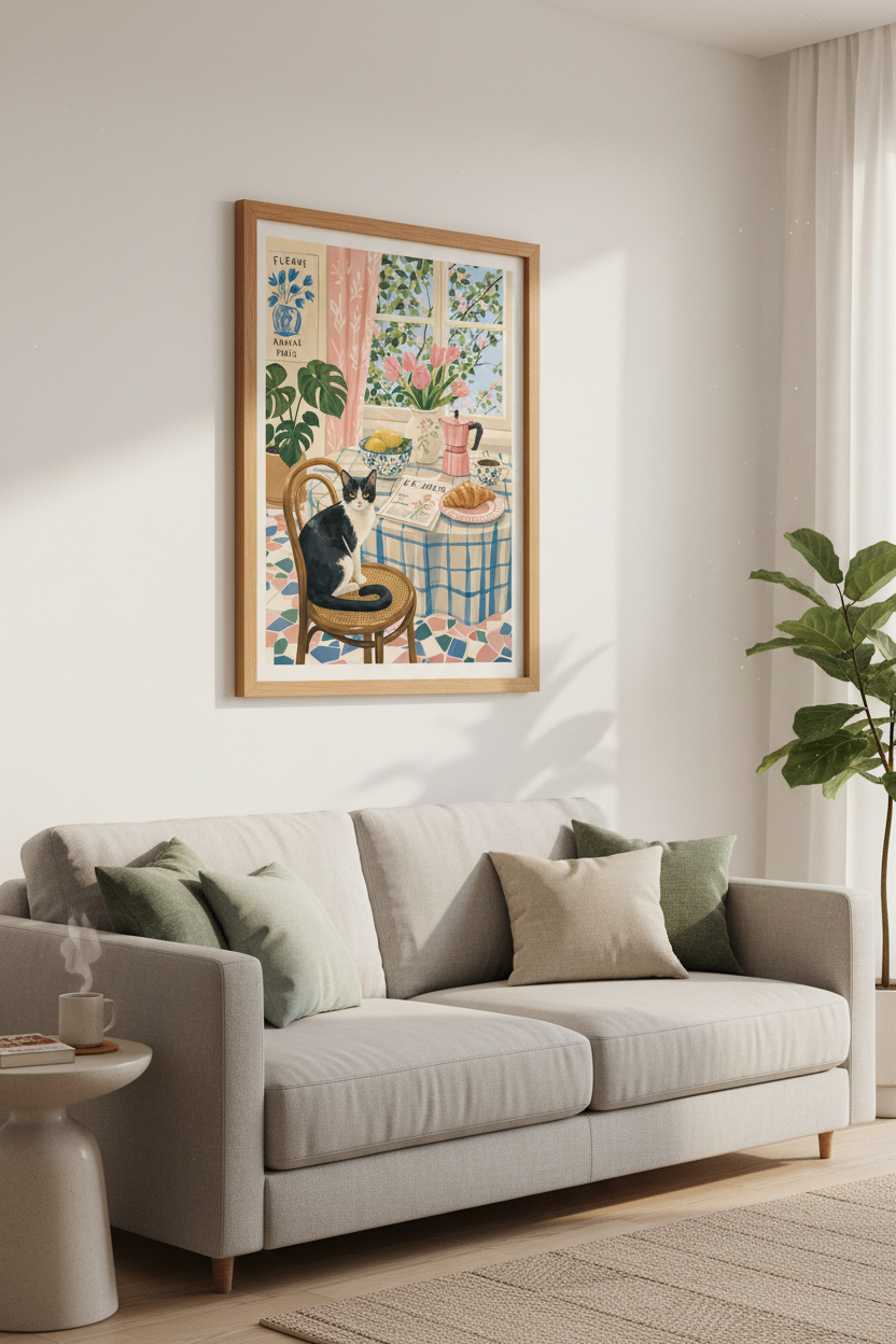 Tuxedo Cat in Paris Wall Art | French Country Kitchen Decor | Pastel Aesthetic Poster