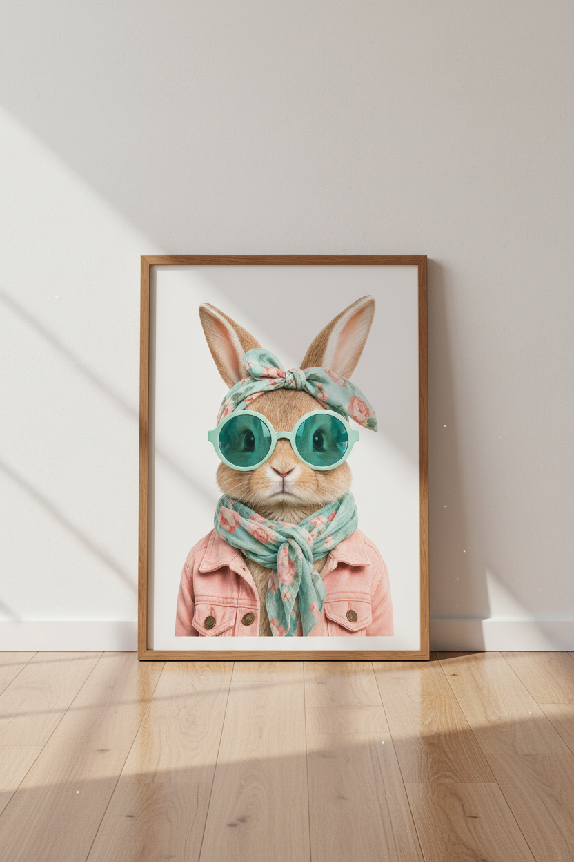 Bunny in Sunglasses Wall Art Print | Nursery &amp; Kids Decor | Pastel Retro Poster