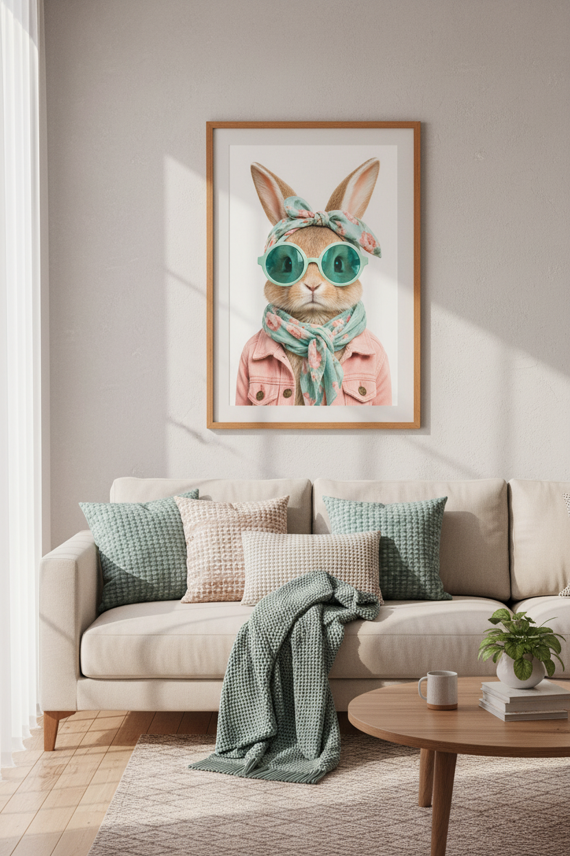 Bunny in Sunglasses Wall Art Print | Nursery &amp; Kids Decor | Pastel Retro Poster