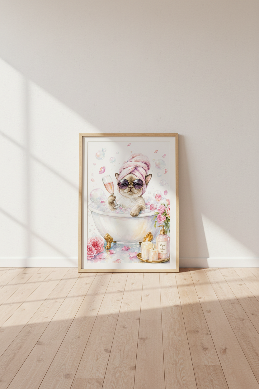 Cat in Bathtub Watercolor Art | Pink Bathroom Decor | Chic Spa Feline Poster