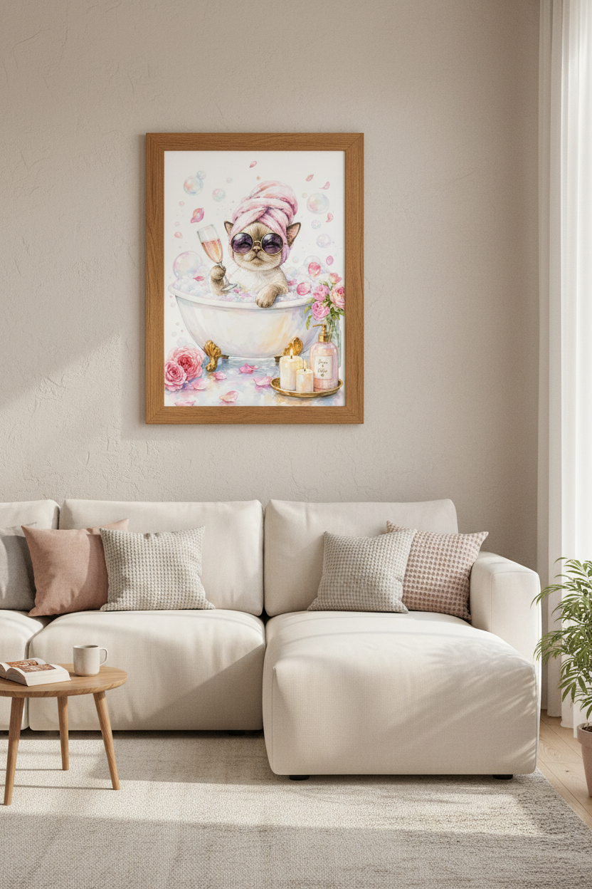 Cat in Bathtub Watercolor Art | Pink Bathroom Decor | Chic Spa Feline Poster
