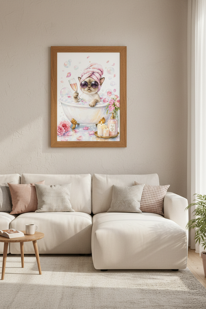 Cat in Bathtub Watercolor Art | Pink Bathroom Decor | Chic Spa Feline Poster