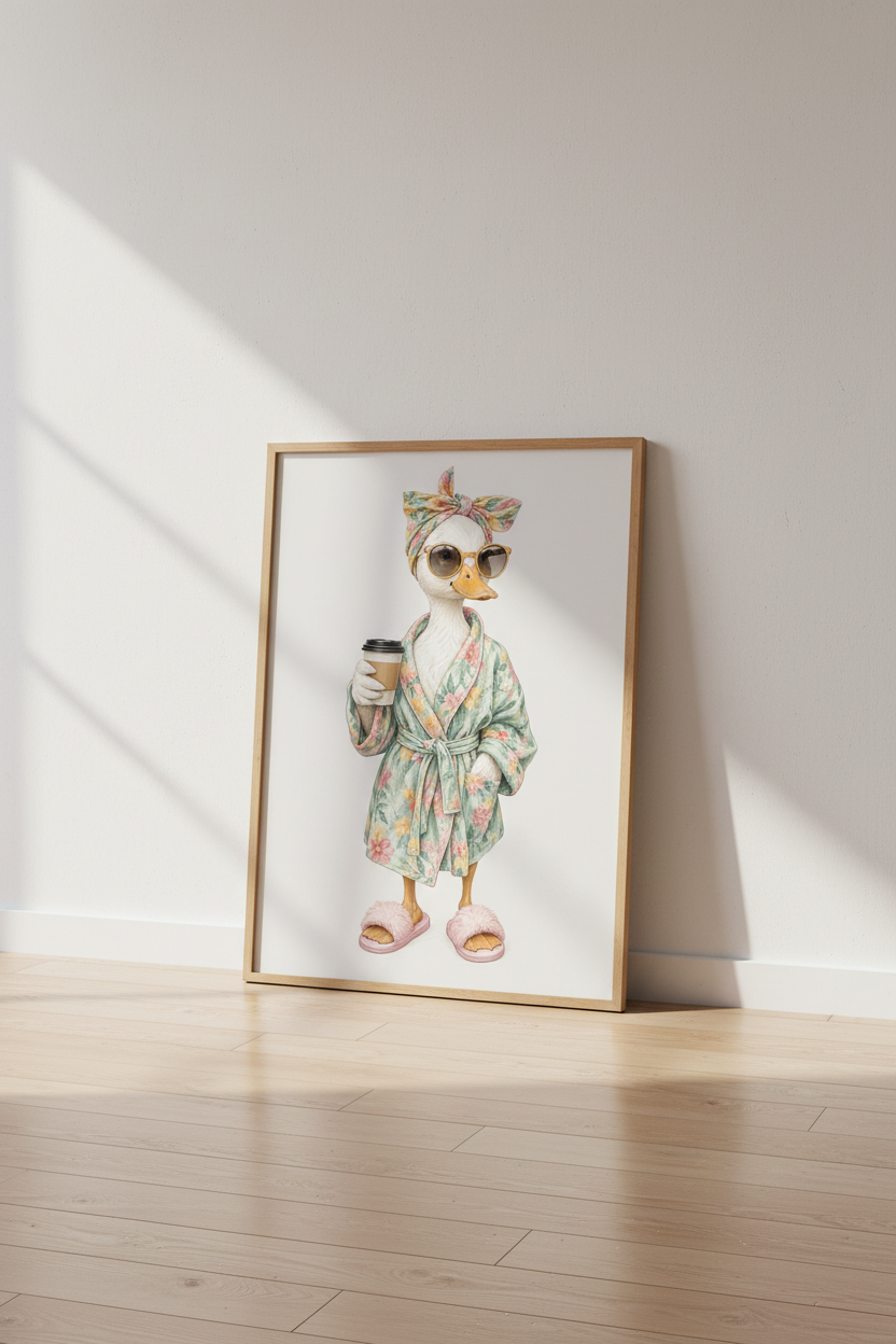 Funny Duck in Robe Wall Art | Pastel Bathroom Decor | Whimsical Animal Poster