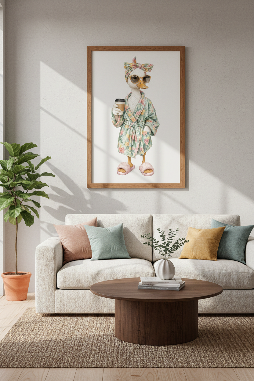 Funny Duck in Robe Wall Art | Pastel Bathroom Decor | Whimsical Animal Poster