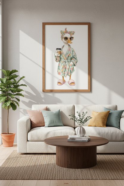 Funny Duck in Robe Wall Art | Pastel Bathroom Decor | Whimsical Animal Poster