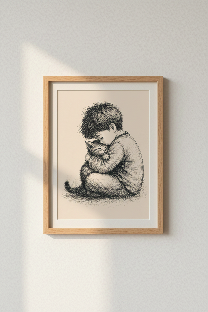 Boy and Cat Pencil Sketch Wall Art | Nursery Decor | Vintage Kitten Poster