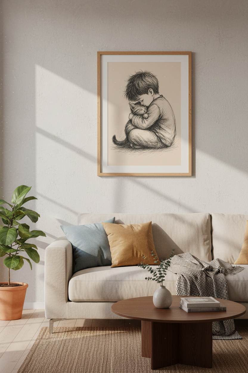 Boy and Cat Pencil Sketch Wall Art | Nursery Decor | Vintage Kitten Poster