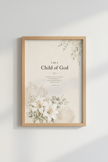 Child of God Floral Scripture Art | Nursery Decor | Botanical Bible Verse Poster