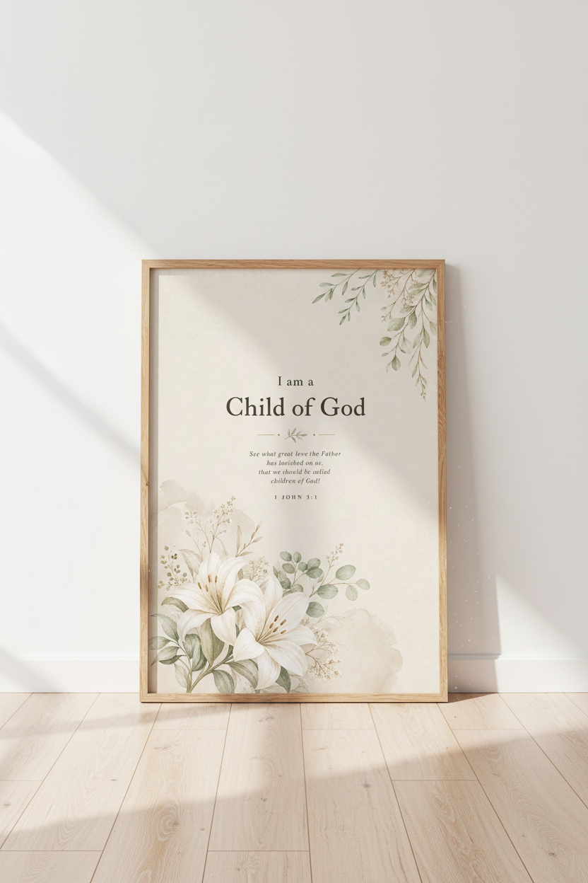Child of God Floral Scripture Art | Nursery Decor | Botanical Bible Verse Poster