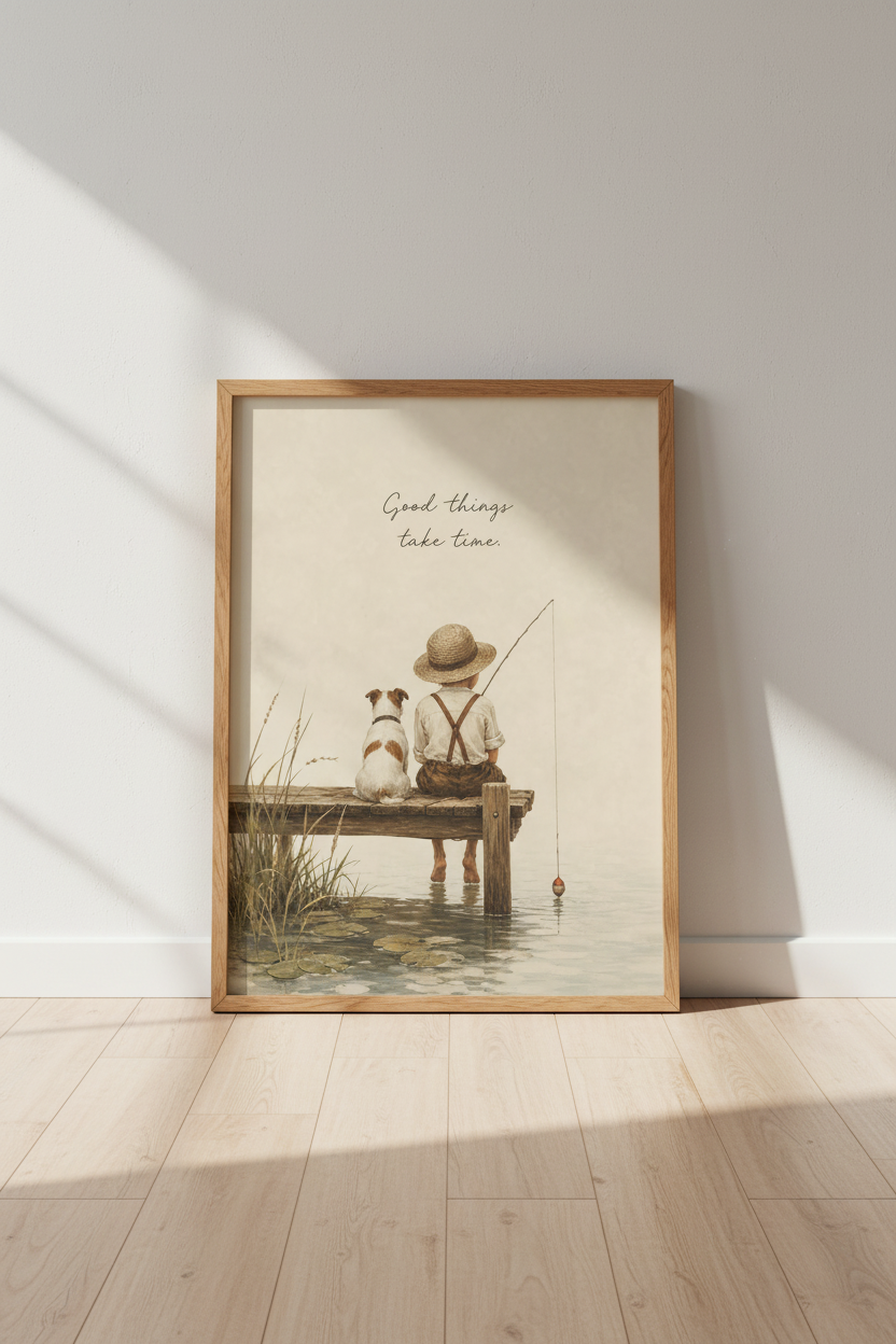 Vintage Boy Fishing Wall Art | Good Things Take Time Poster | Nursery Decor