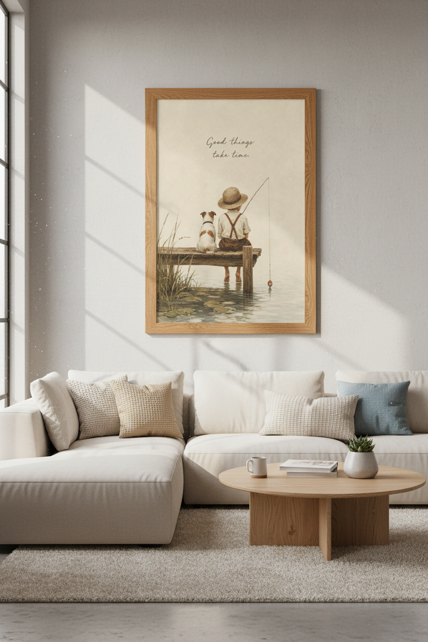 Vintage Boy Fishing Wall Art | Good Things Take Time Poster | Nursery Decor