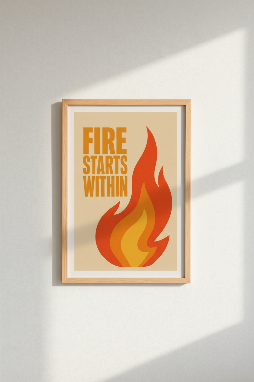 Flame poster art | Bold amber tones, Living room decor | Modern retro