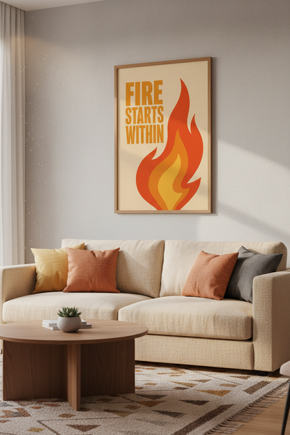 Flame poster art | Bold amber tones, Living room decor | Modern retro