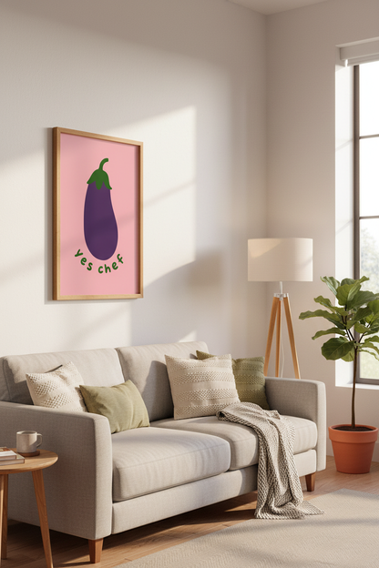 Yes Chef Eggplant Kitchen Wall Art | Pink Foodie Poster | Modern Culinary Decor