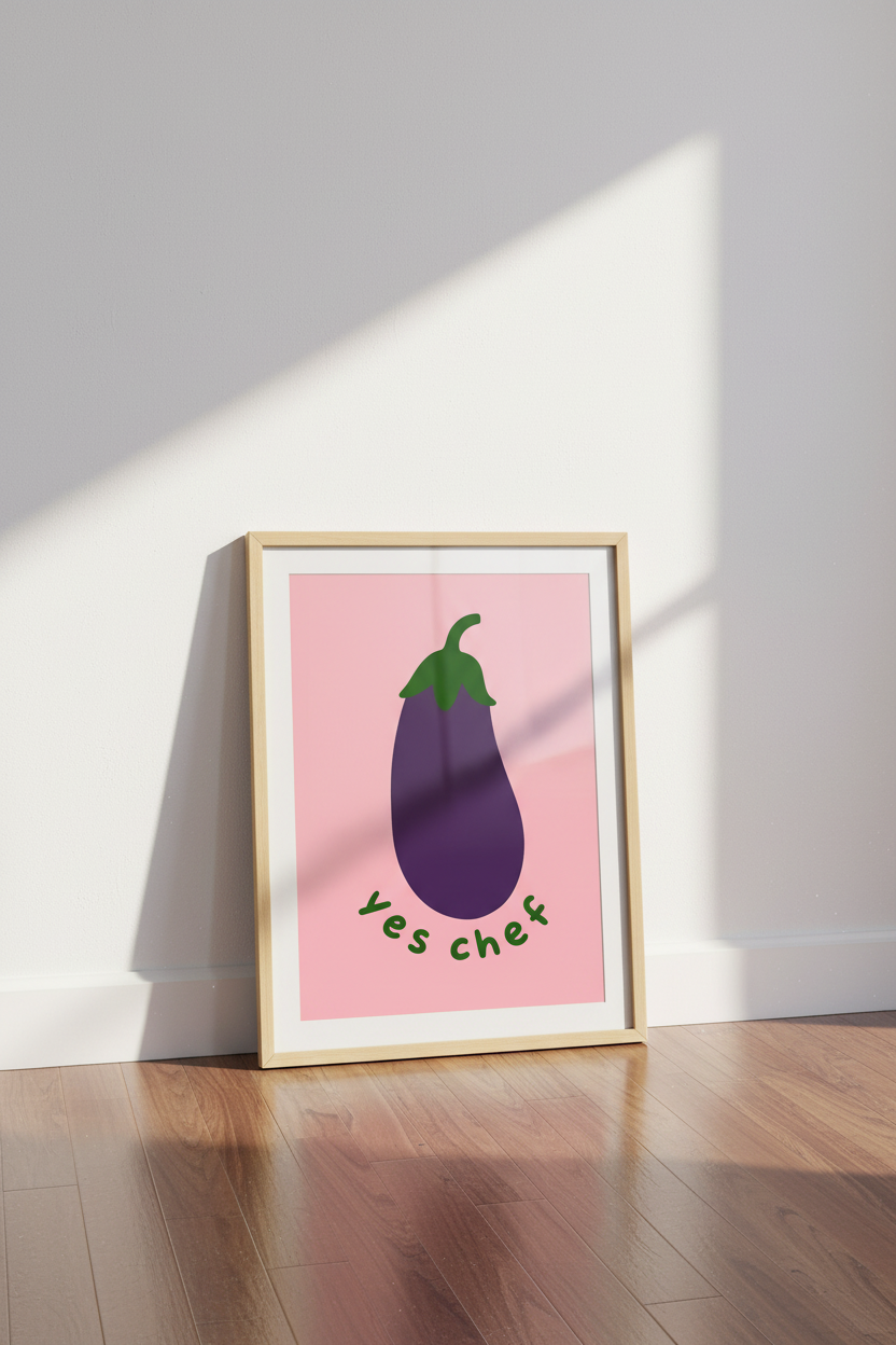 Yes Chef Eggplant Kitchen Wall Art | Pink Foodie Poster | Modern Culinary Decor