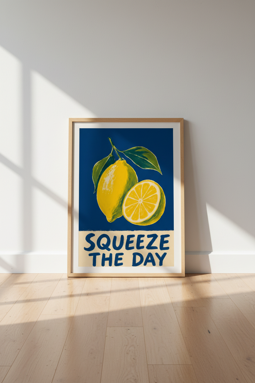 Squeeze the Day Lemon Wall Art Print | Kitchen Decor | Navy and Yellow Poster