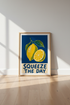 Squeeze the Day Lemon Wall Art Print | Kitchen Decor | Navy and Yellow Poster
