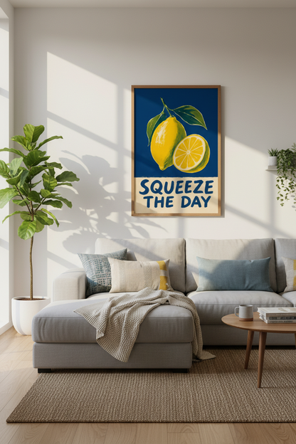 Squeeze the Day Lemon Wall Art Print | Kitchen Decor | Navy and Yellow Poster