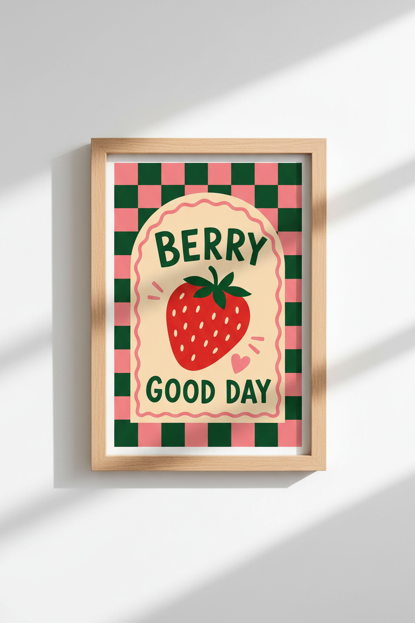 Strawberry Kitchen Wall Art | Retro Pink &amp; Green Checkered Decor | Cute Fruit Poster