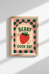 Strawberry Kitchen Wall Art | Retro Pink & Green Checkered Decor | Cute Fruit Poster