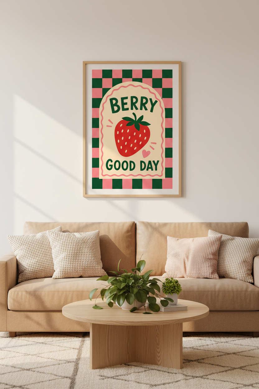 Strawberry Kitchen Wall Art | Retro Pink &amp; Green Checkered Decor | Cute Fruit Poster