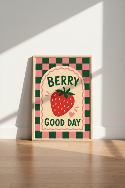Strawberry Kitchen Wall Art | Retro Pink &amp; Green Checkered Decor | Cute Fruit Poster