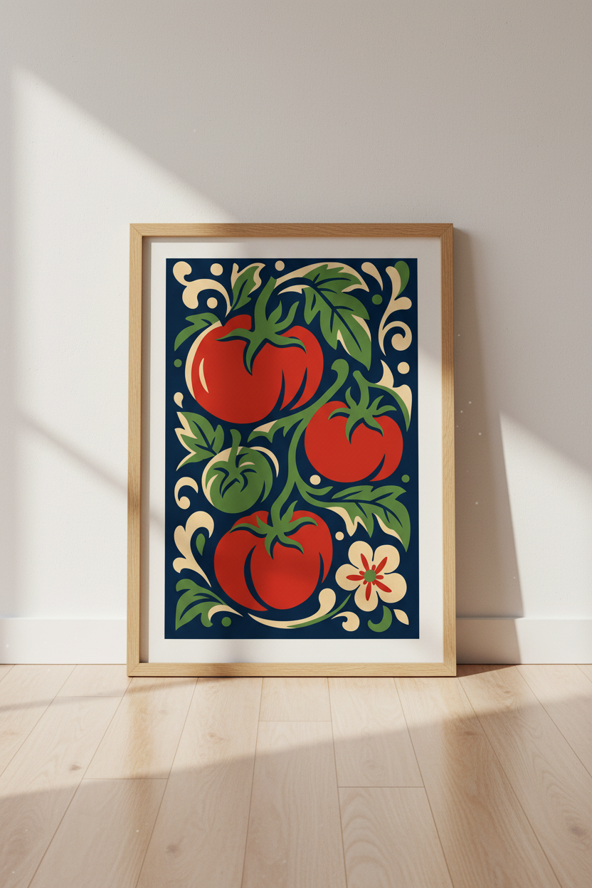 Tomato Botanical Wall Art Print | Navy Kitchen Decor | Vintage Folk Style Poster